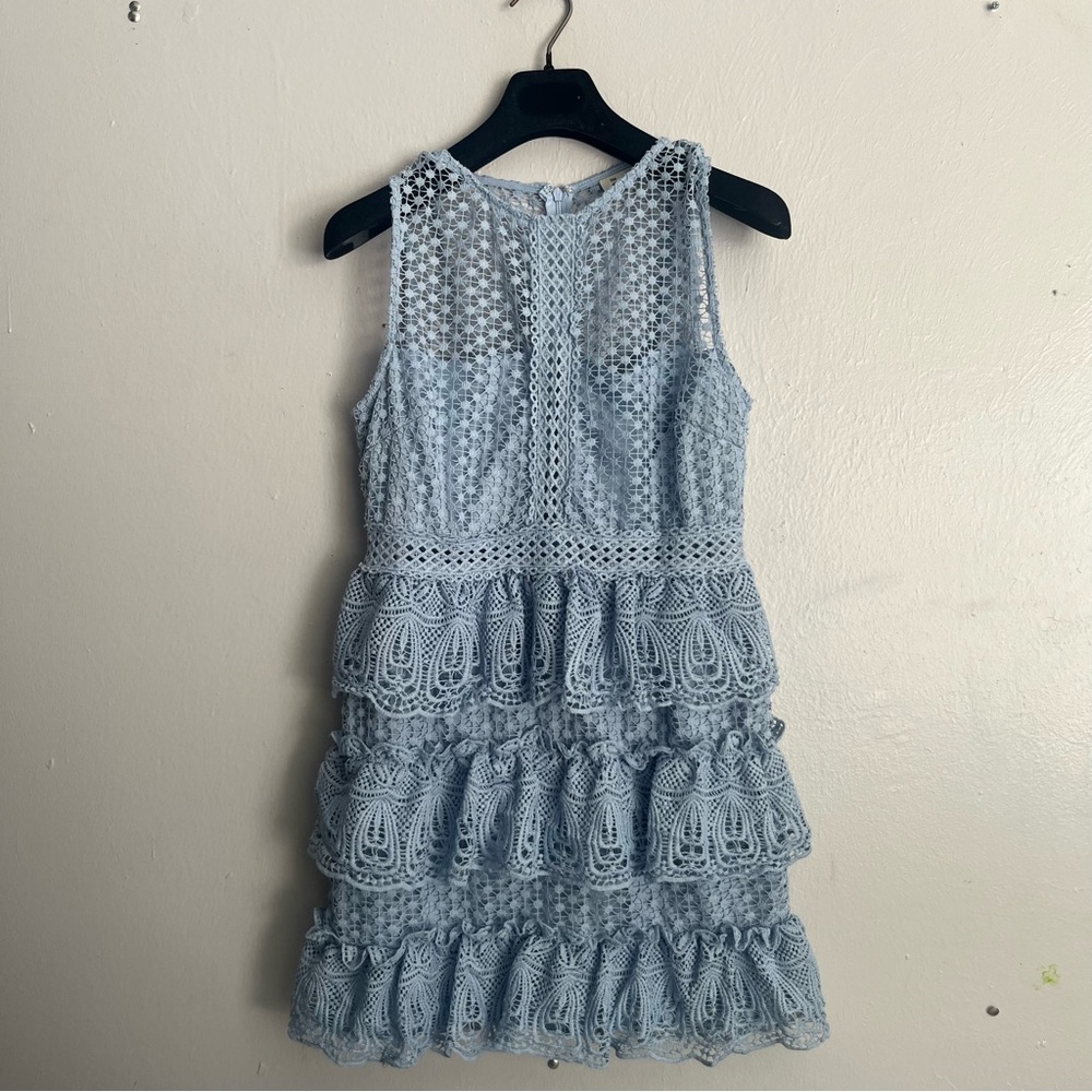 The Clothing Company Baby Blue Tiered Crochet Knit Lace Mini Dress - Picture 14 of 15